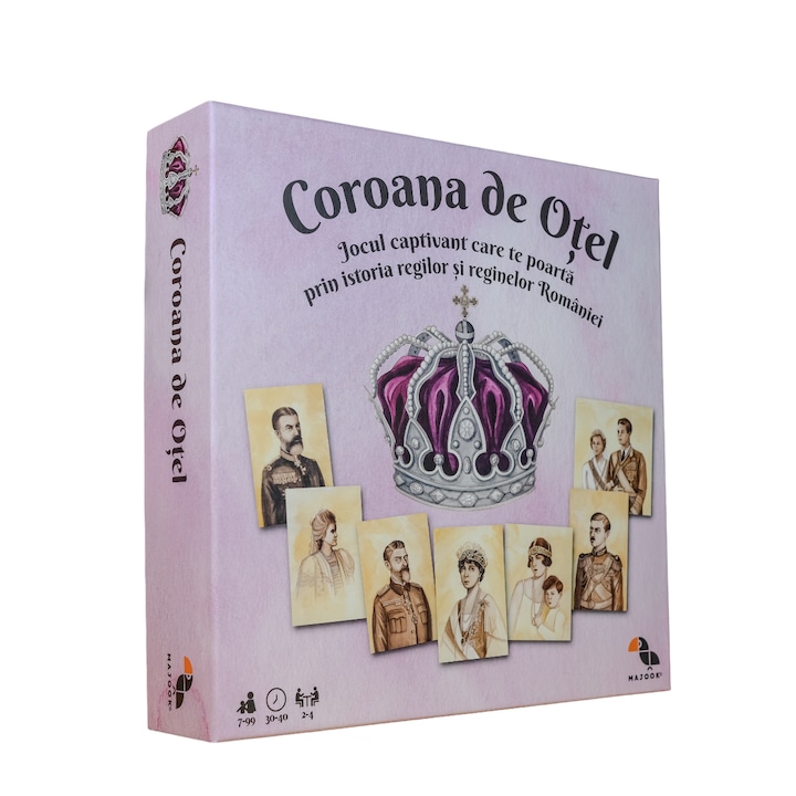 Joc de istorie despre regii si reginele Romaniei, Majook, Boardgame Coroana de Otel, plansa de joc, brosura cu istoria regilor si reginelor Romaniei, zar, 4 pioni, 130 carduri