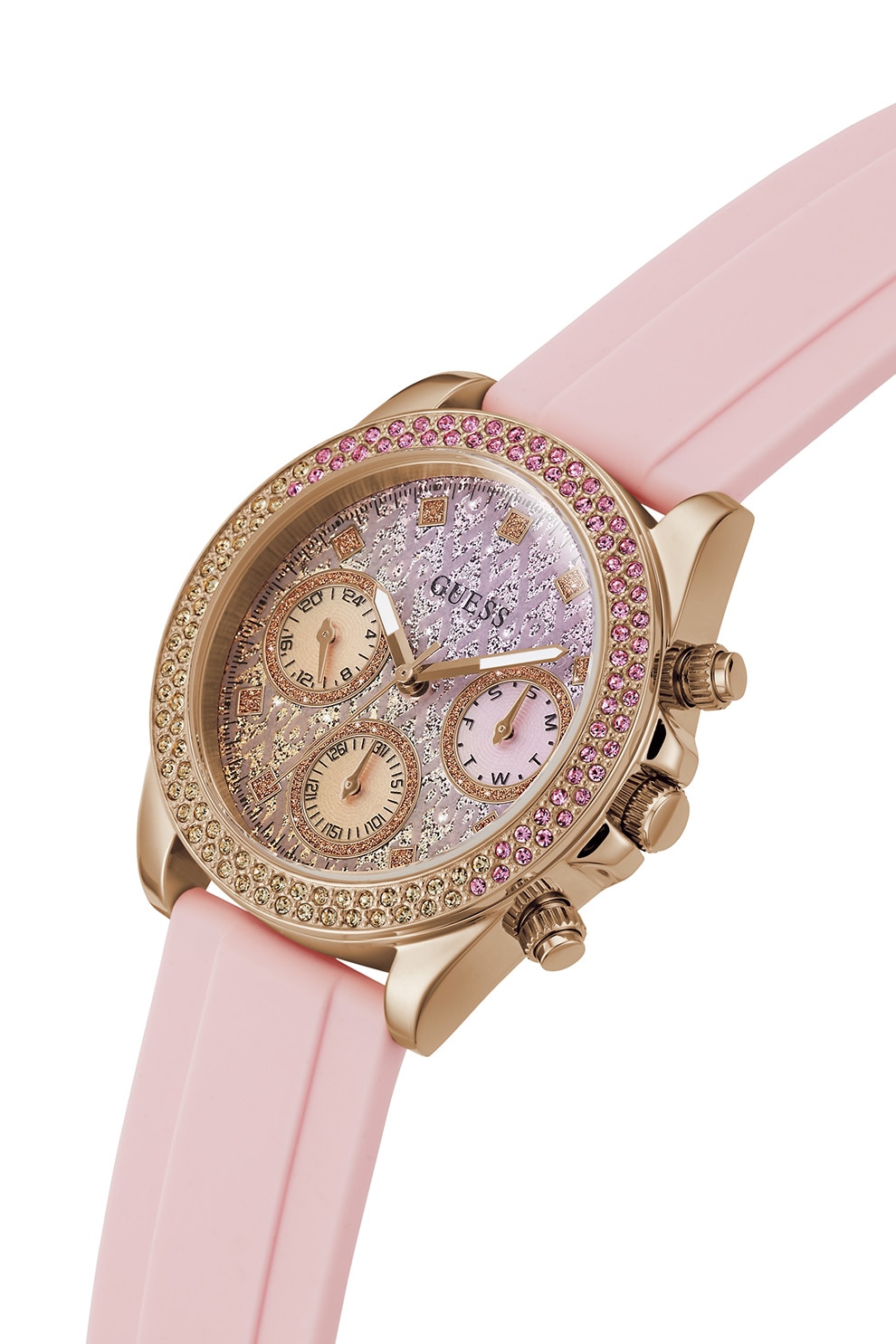 Guess Róz Guess, Ceas analog decorat cu cristale, Auriu rose, Roz pastel - eMAG.ro