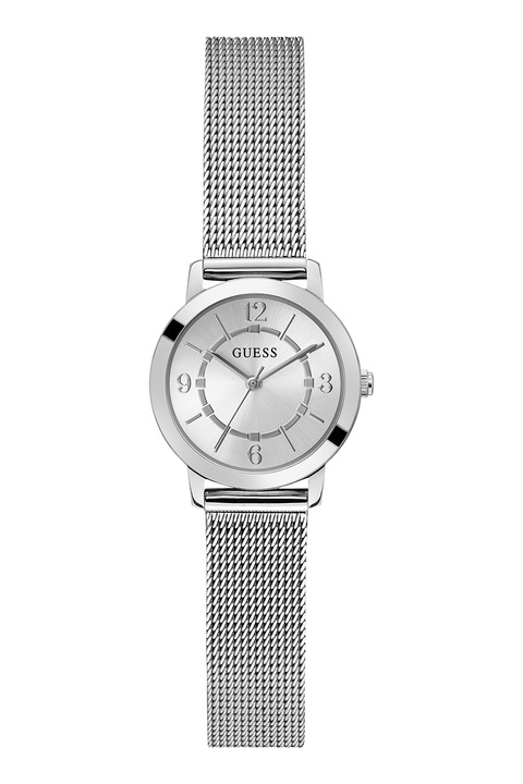 Guess, Ceas quartz cu bratara din otel inoxidabil cu model plasa, Argintiu