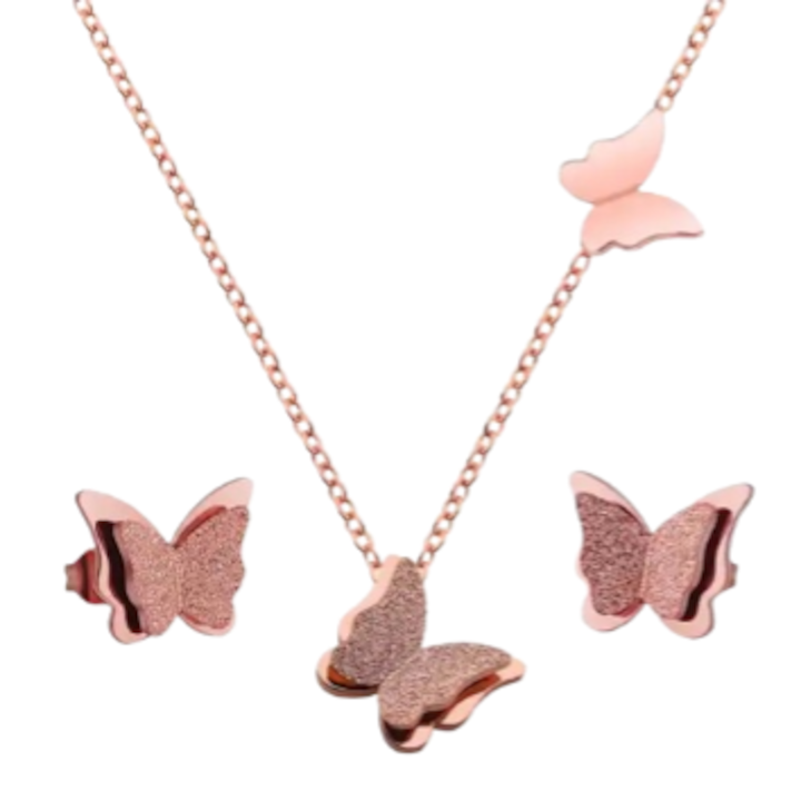 Set bijuterii dama, colier si cercei din otel inoxidabil, model cu fluture, placat cu aur 18K, extensie reglabila, Tessero, rose gold