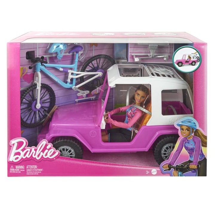 Set Barbie Papusa cu Jeep si Bicicleta - Mattel