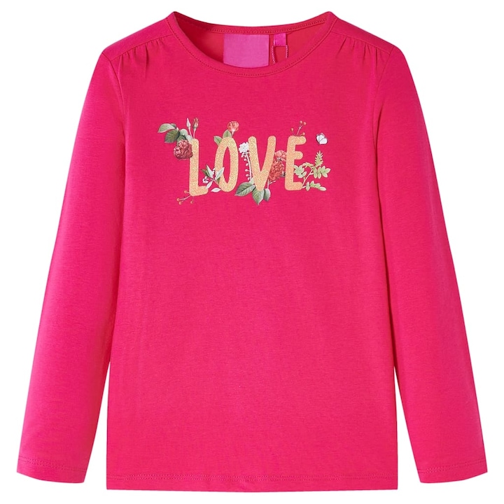 Детска тениска с дълъг ръкав с принт Love vidaXL, ярко розово, Розов