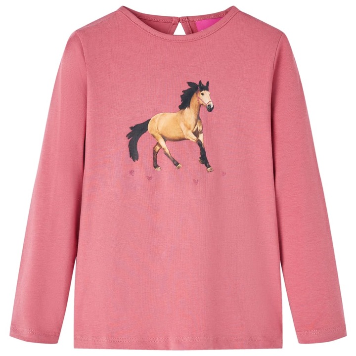 Tricou pentru copii cu maneci lungi vidaXL, imprimeu cai, roz antichizat, Roz