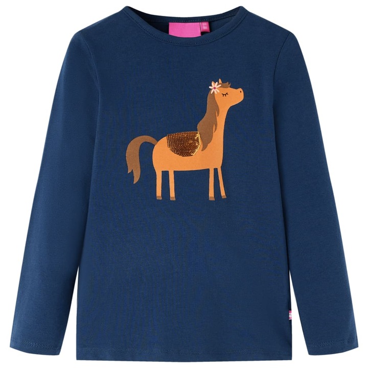 Tricou pentru copii cu maneci lungi imprimeu ponei vidaXL, bleumarin, Albastru