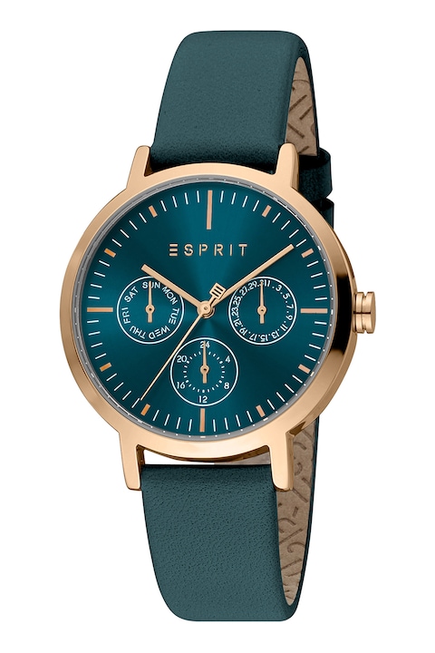 Esprit, Кварцов часовник с кожена каишка, Тъмнозелен