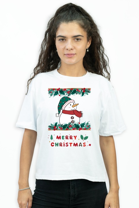 Tricou oversize pentru femei personalizat cu imagine craciun fericit om de zapada, Bumbac, Alb, XS-S