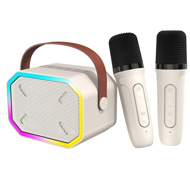 Set 2 microfoane karaoke copii si adulti cu difuzor portabil, Wireless, 4 efecte voce, pentru petreceri, Player MP3, MicroSD card, Bluetooth 5.0, crem