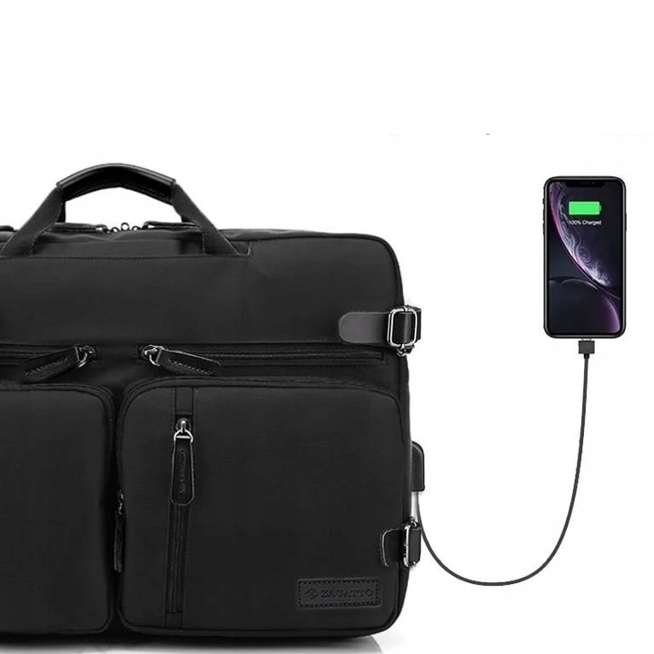 Geanta laptop/Rucsac, Zagatto®, Negru, Multifunctionala, Impermeabila, Priza USB incorporata, Bretele de umar si Curea de umar reglabila si detasabila, Manere cu protectie de mana, Atasabila la troler, 17.3 inch, 33x48x14 cm, ZG245