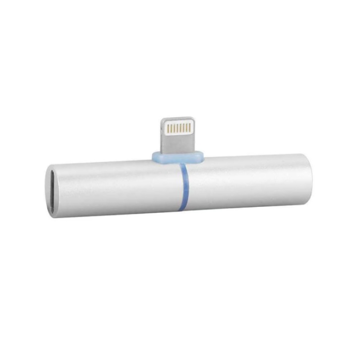 Adaptor 2in1 pentru iPhone si iPad, cu jack de 3,5 mm si conector Lightning, pentru casti si incarcator, Silver