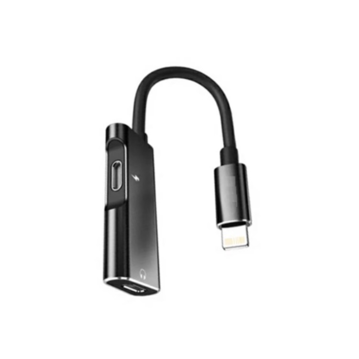 Adaptor audio si de incarcare Lightning cu 2 porturi Lightning, 12.5 cm, Negru
