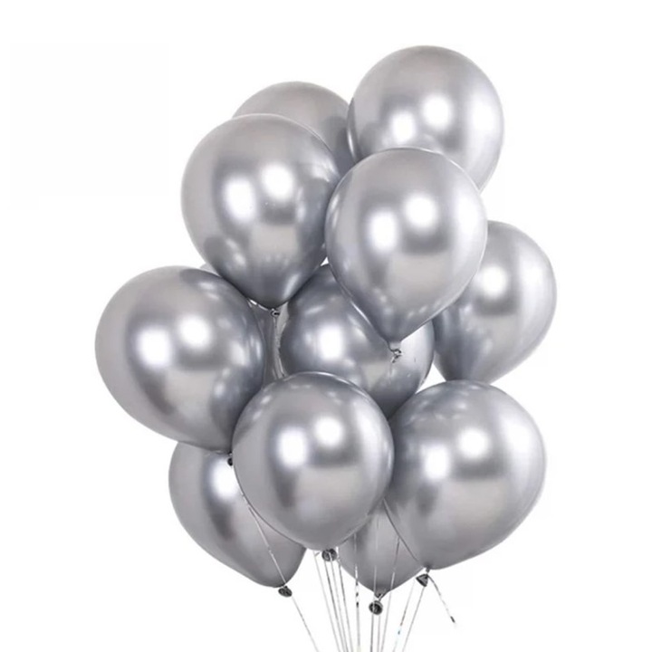 Set 10 baloane Latex Chrome 30cm, Argintiu, Sidefate, Ropet