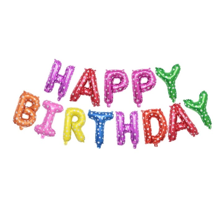 Baloane folie Happy Birthday, multicolor inimioare, 43cm