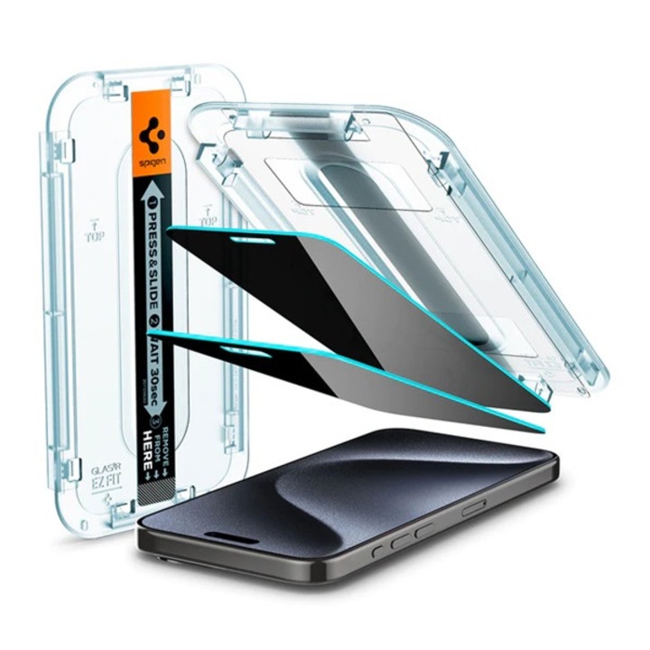 Képernyővédő fólia, kompatibilis, Apple iPhone 15 Pro Spigen ez fit képernyővédő üveg 2db (2.5d, betekintés védelem, 0.2mm, 9h + segédkeret) átlátszó, gyártói csomagolás