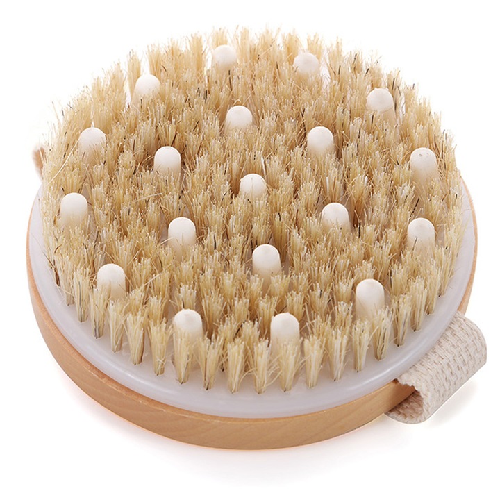 Perie corp, Axroad Mall, Curata pielea, Ingrijirea zilnica a corpului, Pune sangele in miscare, Exfoliere, Masaj corporal, Umeda si uscata, Placut la atingere, Usor de curatat, Lemn/ Par de porc, 11x11cm, Maro