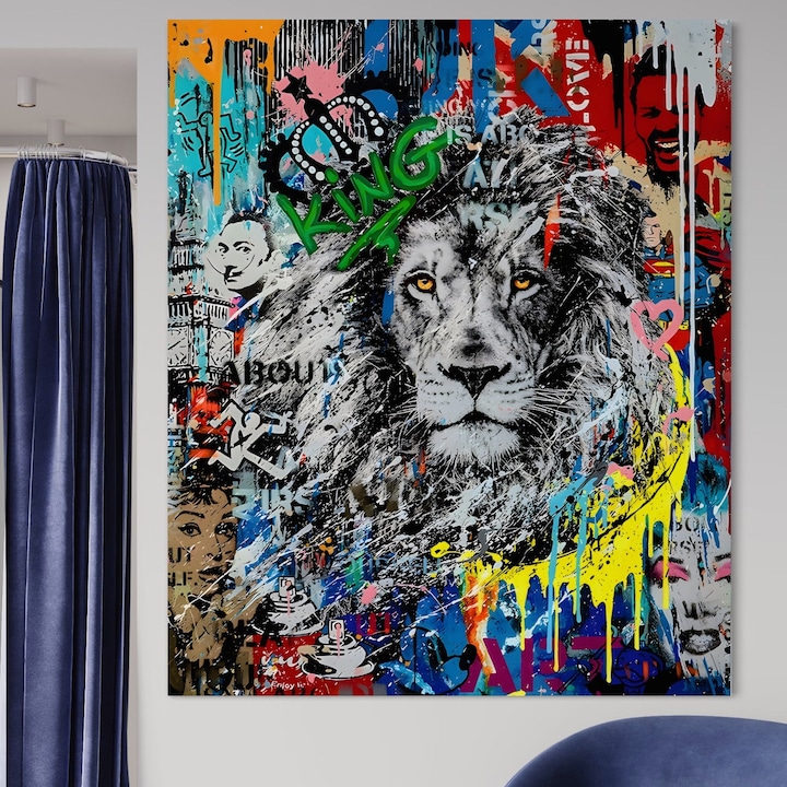 Tablou Canvas Premium, LuxCanva® A1224, The King Lion, 85 X 100 CM, Panza Bumbac 100% 400g/m2, Sasiu Lemn, Decorativ, Dormitor, Leu, Regele Junglei, Colorat, Salvador Dalí, Living, Culori Vibrante