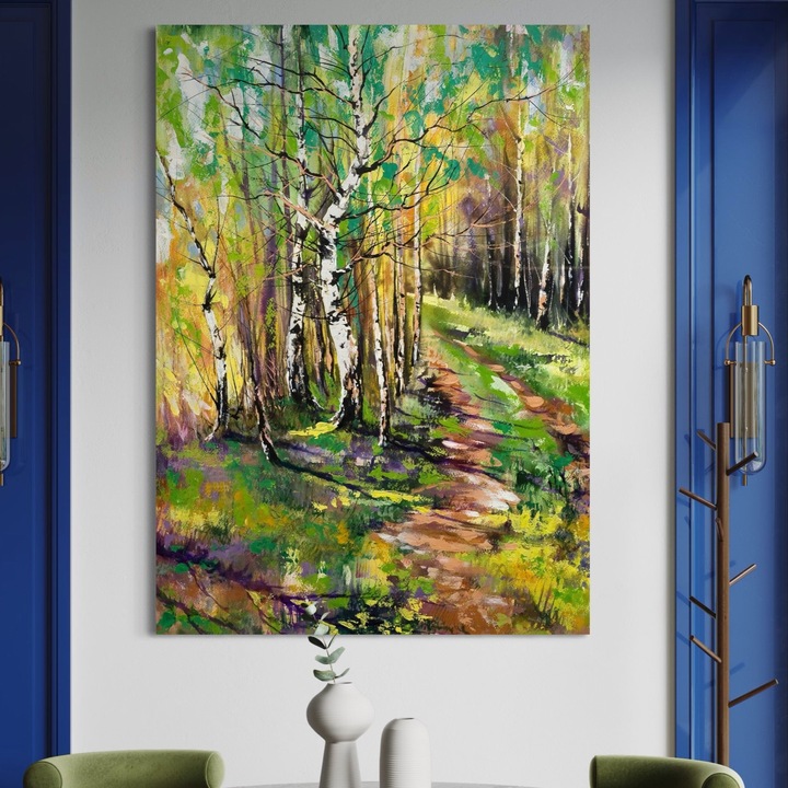 Tablou Canvas Premium, LuxCanva® A1228, Green Forest, 50 X 70 CM, Panza Bumbac 100% 400g/m2, Sasiu Lemn, Decorativ, Dormitor, Padure, Verde, Natura, Copaci, Living, Culori Vibrante