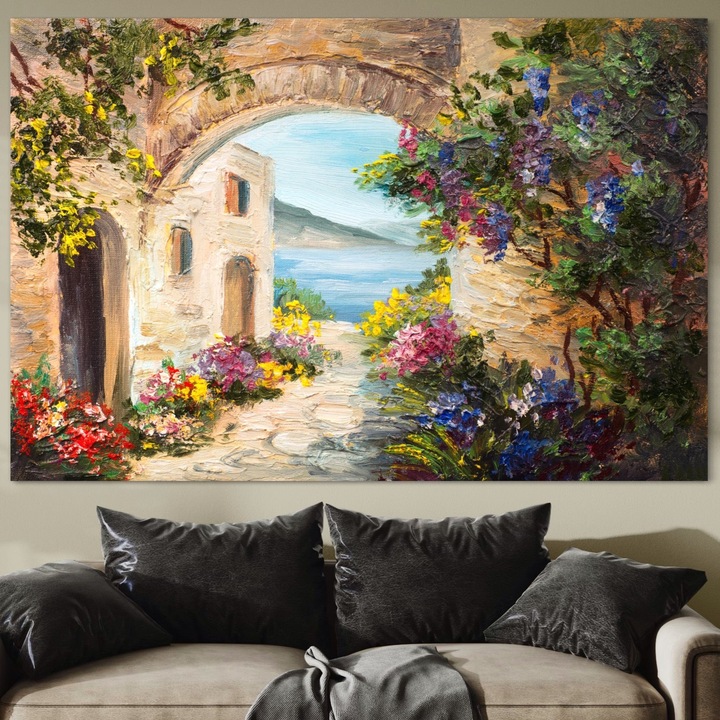 Tablou Canvas Premium, LuxCanva® A1229, Arcada Cu Flori, 80 X 120 CM, Panza Bumbac 100% 400g/m2, Sasiu Lemn, Decorativ, Dormitor, Flori, Mare, Cladire, Arhitectura, Living, Culori Vibrante
