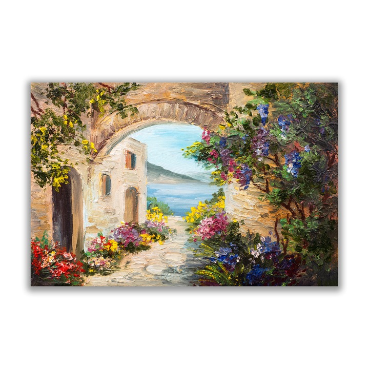 Първокласна картина на платно, LuxCanva A1229, Арка с цветя, 80 X 120 CM, 100% памучно платно 400g/m2, Дървена рамка, Декоративна, Спалня, Цветя, Море, Сграда, Архитектура, Всекидневна, Живи цветове