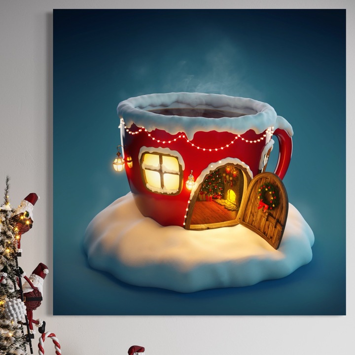 Премиум Канава Картина, LuxCanva® A1230, Коледна Чаша, 100 X 100 СМ, 100% Памучно Платно 400гр/м2, Дървена Рамка, Декоративен, Спалня, Коледа, Празници, Елха, Чаша, Всекидневна, Ярки Цветове