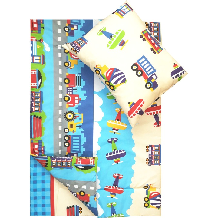 Fata de perna si plapuma din bumbac avioane 100x135cm, 40x50 cm