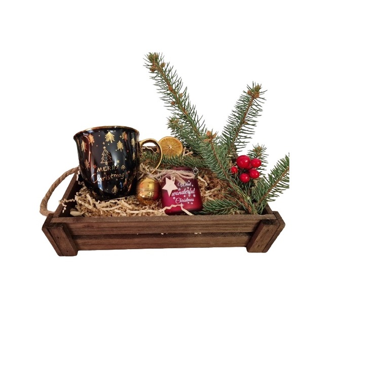 Кошница за коледните празници, с празнична аранжировка Prestige Gift, кафява дървена щайга