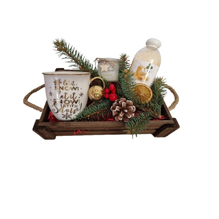 Кошница за коледните празници, с празнична аранжировка Prestige Gift, кафява дървена щайга, сол за баня