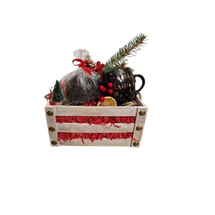 Кошница за коледните празници, с празнична аранжировка Prestige Gift, Vintage дървена кутия