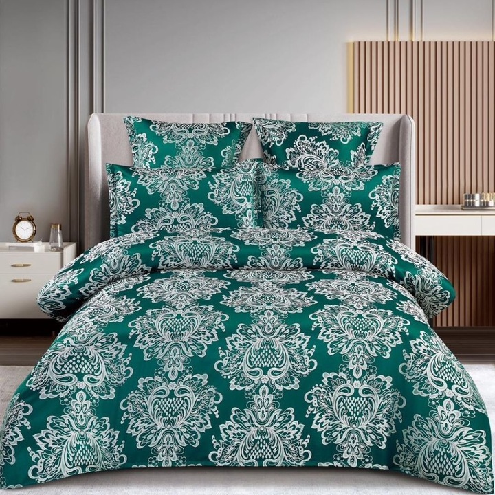 Set lenjerie de pat dublu, bumbac satinat, 180 x 200 cm, 6 piese, cu elastic, verde, Casa de Vis, T3-07
