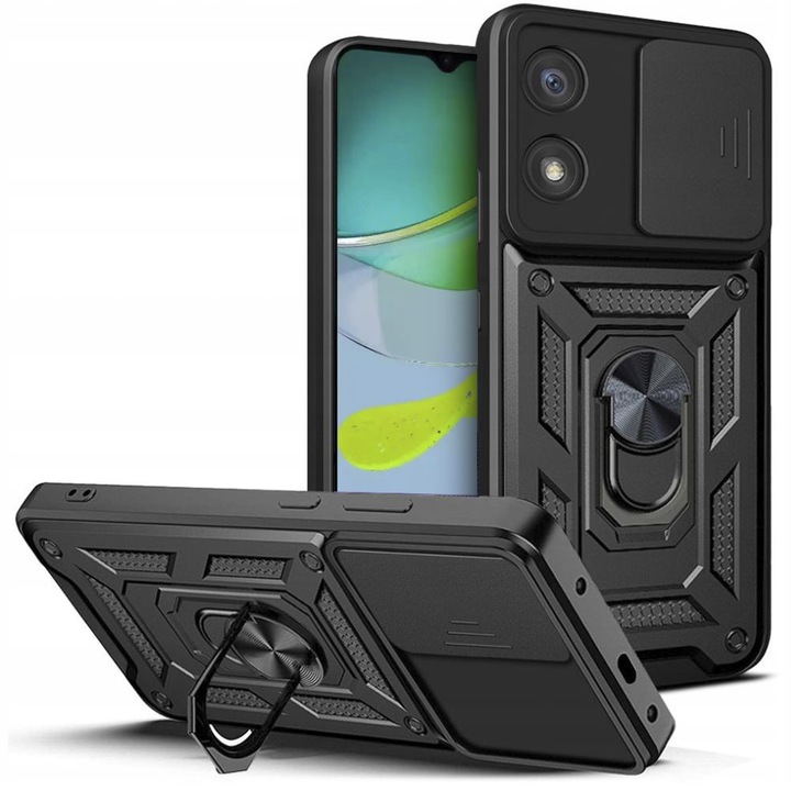 Husa pentru Motorola Moto E13 Premium Hybrid Armor Kickstand, Slider Camera, Antisoc, Protectie Superioara, Negru