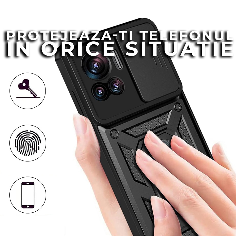 Husa pentru Motorola Edge 30 Ultra Premium Hybrid Armor Kickstand, Slider Camera, Antisoc, Protectie Superioara, Negru