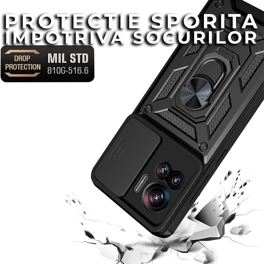 Husa pentru Motorola Edge 30 Ultra Premium Hybrid Armor Kickstand, Slider Camera, Antisoc, Protectie Superioara, Negru