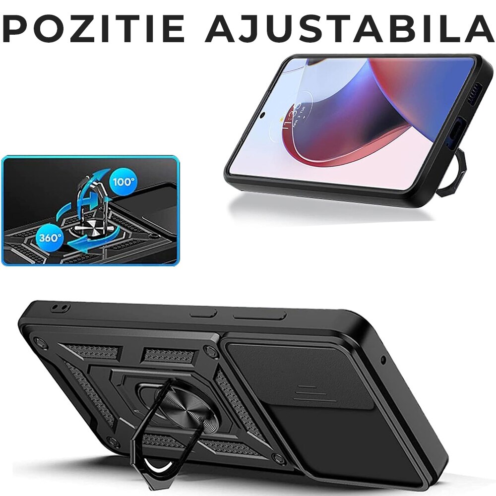 Husa pentru Motorola Edge 30 Ultra Premium Hybrid Armor Kickstand, Slider Camera, Antisoc, Protectie Superioara, Negru
