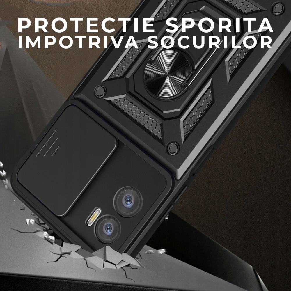 Husa pentru Motorola Moto E22 / Moto E22i Premium Hybrid Armor Kickstand, Slider Camera, Antisoc, Protectie Superioara, Negru