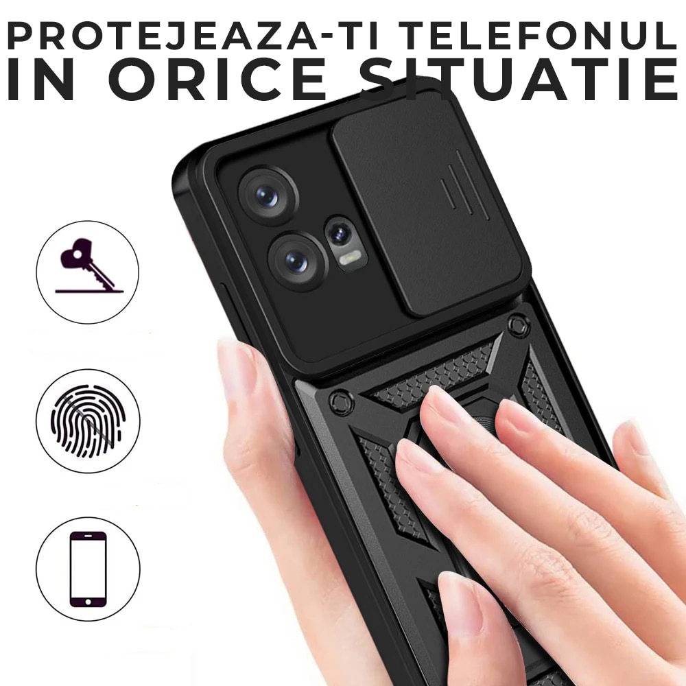 Husa pentru Motorola Edge 30 Fusion Premium Hybrid Armor Kickstand, Slider Camera, Antisoc, Protectie Superioara, Negru