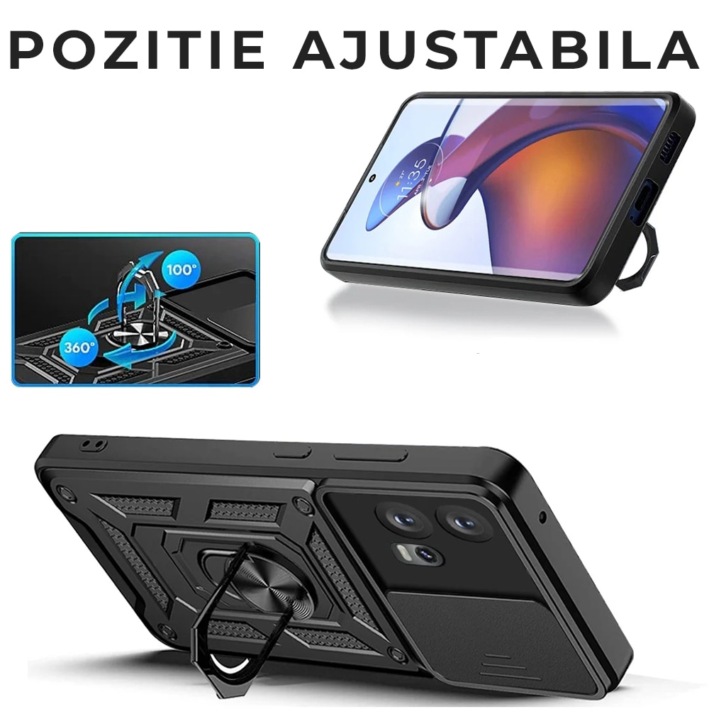 Husa pentru Motorola Edge 30 Fusion Premium Hybrid Armor Kickstand, Slider Camera, Antisoc, Protectie Superioara, Negru