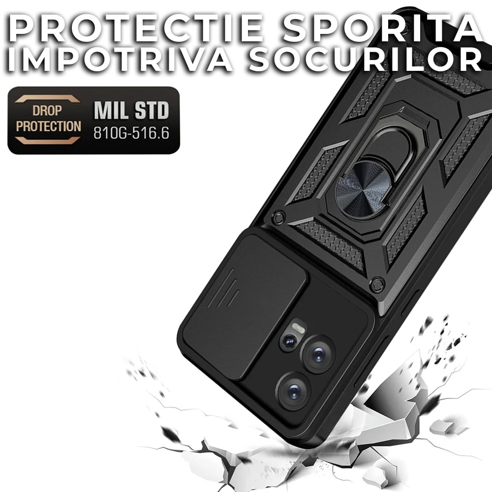 Husa pentru Motorola Edge 30 Fusion Premium Hybrid Armor Kickstand, Slider Camera, Antisoc, Protectie Superioara, Negru