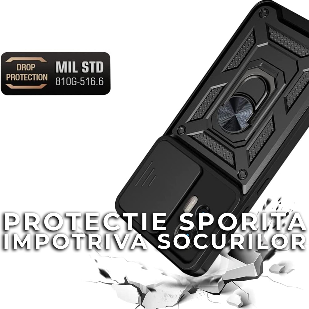 Husa pentru Motorola Edge 30 Neo Premium Hybrid Armor Kickstand, Slider Camera, Antisoc, Protectie Superioara, Negru