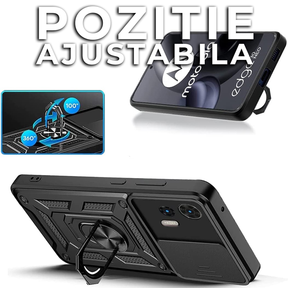 Husa pentru Motorola Edge 30 Neo Premium Hybrid Armor Kickstand, Slider Camera, Antisoc, Protectie Superioara, Negru