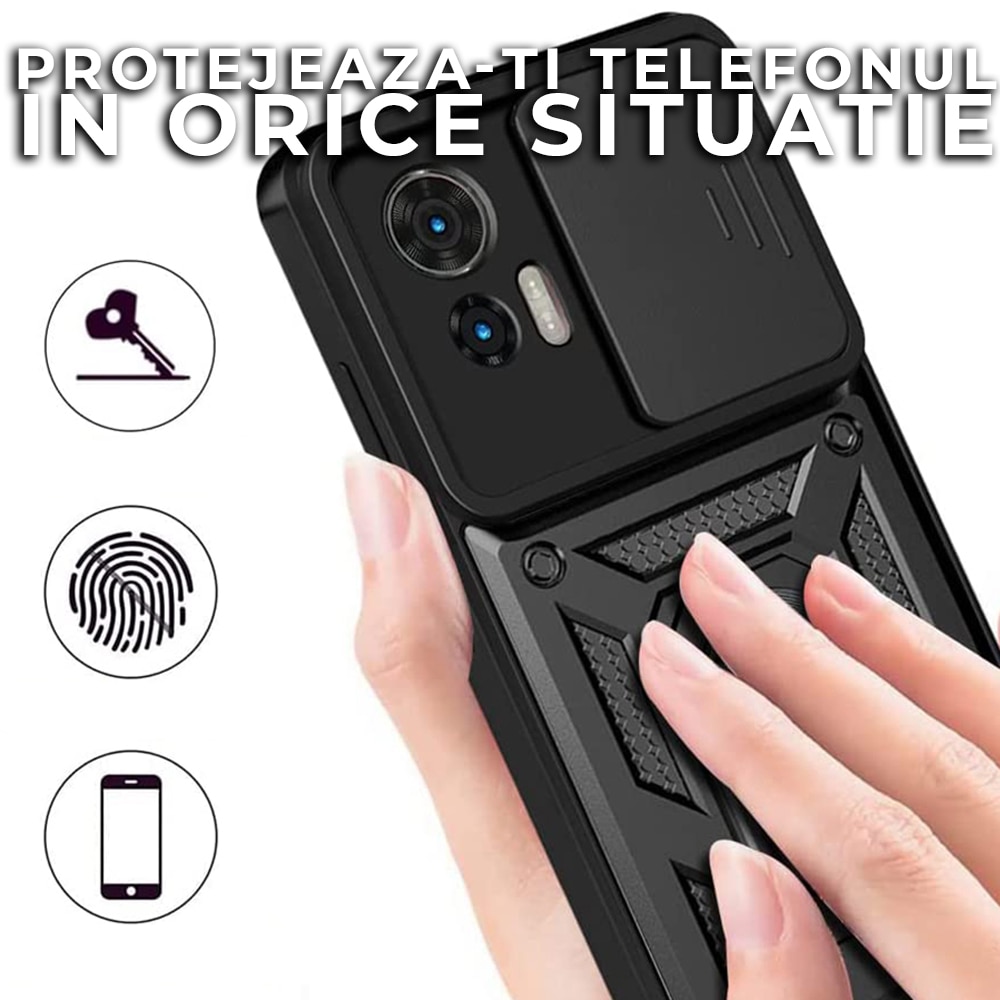 Husa pentru Motorola Edge 30 Neo Premium Hybrid Armor Kickstand, Slider Camera, Antisoc, Protectie Superioara, Negru