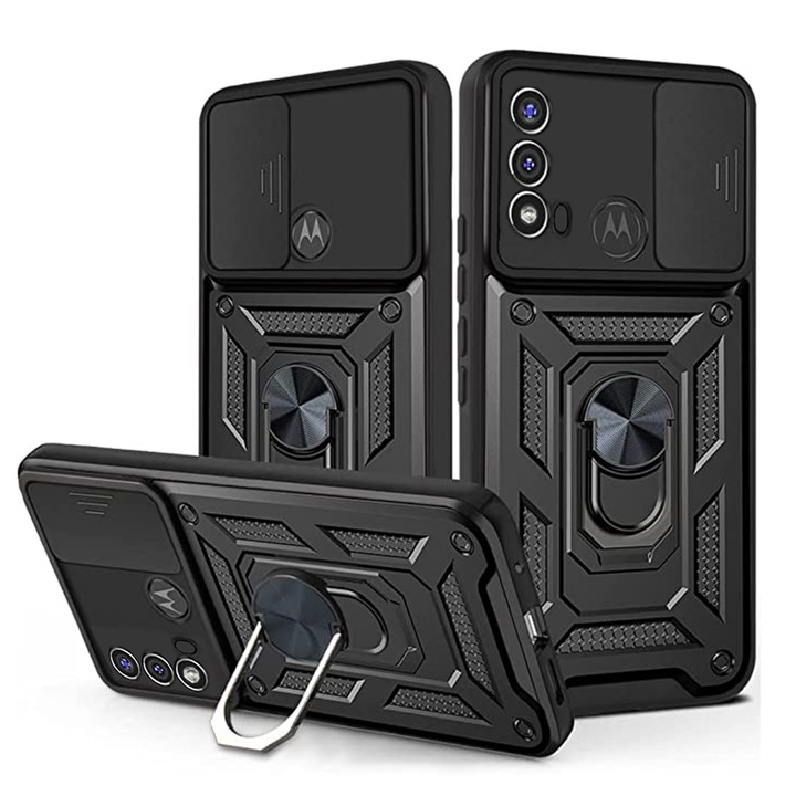 Motorola Moto E20 / E30 / E40 Premium Hybrid Armor Kickstand tok, kameracsúszka, ütésálló, felső védelem, fekete