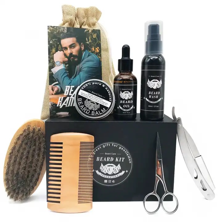Пълен комплект от 9 части за растеж и грижа за брада, включващ дерма ролер, ножица, четка и гребен, крем и 2 специални масла за растеж и изглаждане на косата, 30 ML