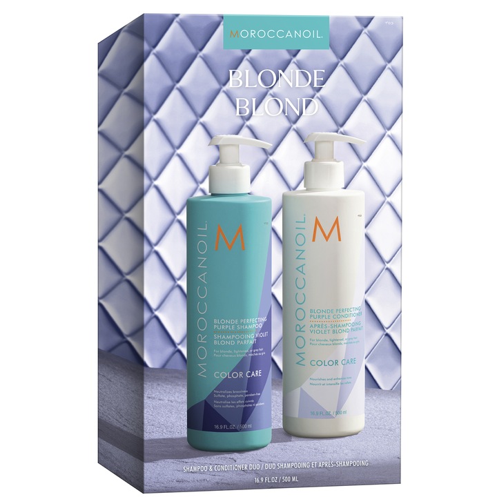 Комплект Moroccanoil Duo: Шампоан, 500 мл + Балсам с лилав цвят, 500 мл, За неутрализиране на медните нюанси на руса, изрусена или сива коса