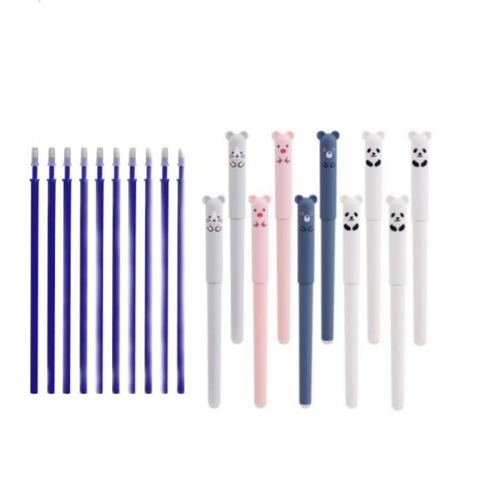 Комплект от 10 химикалки, със синьо мастило, JENUOS®, животински шарки, изтриваеми