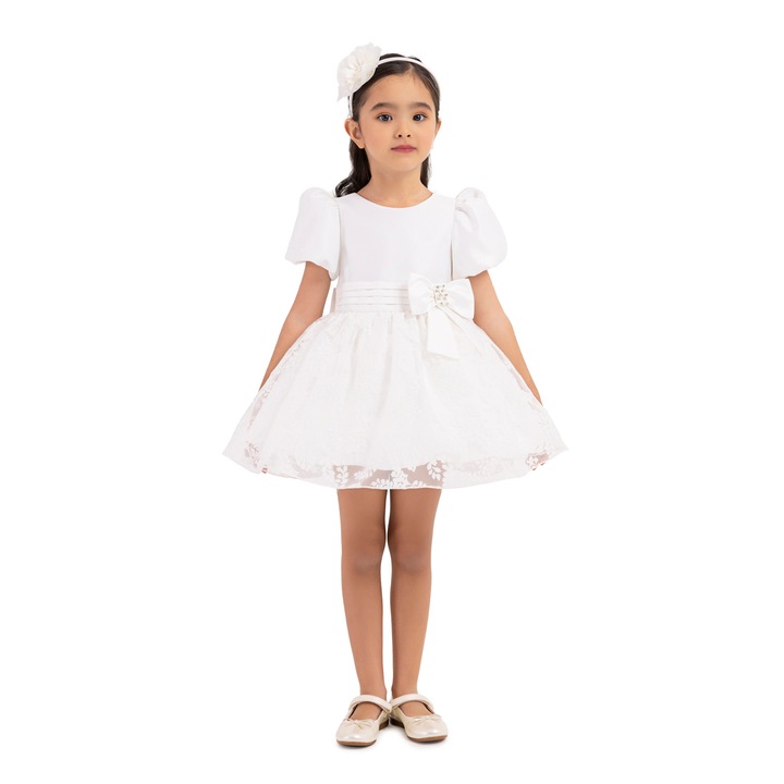 Rochita Eleganta, Pamina - pentru Fetite, cu Fundita si Bentita Asortata, 33227, Alb