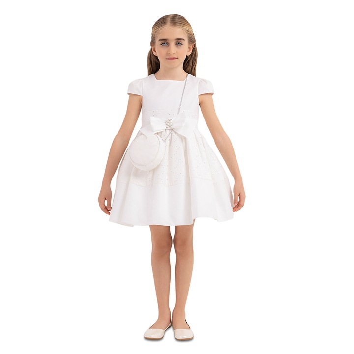 Rochita Eleganta cu Gentuta, Pamina - pentru Fetite, cu Model Brodat, 33315, Alb