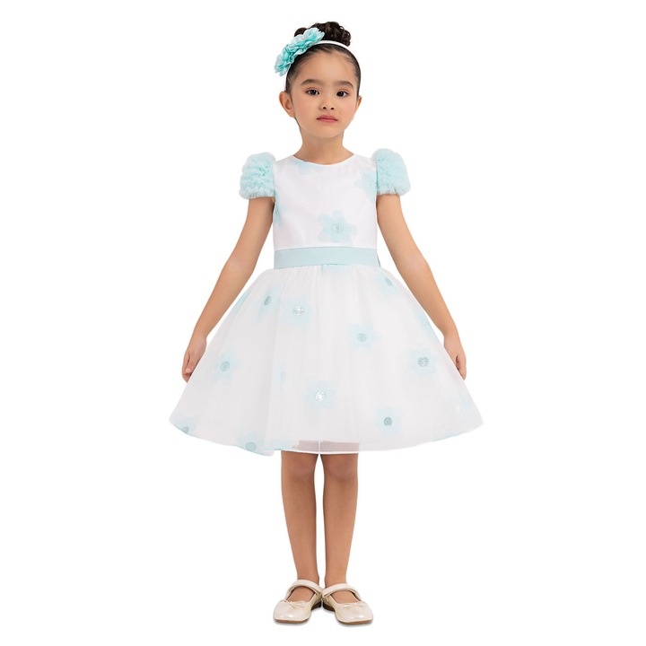 Rochita Eleganta Fetite, Pamina - cu Flori Aplicate, Bentita Asortata, 33319, Albastru
