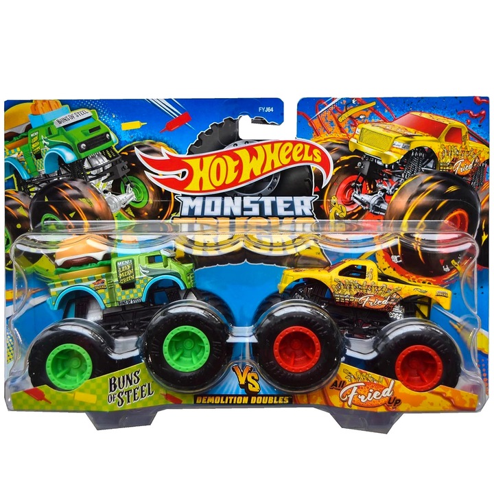 Комплект от 2 коли Monster Trucks Hot Wheels, Buns of Steel vs All Fried Up, Demolition Doubles