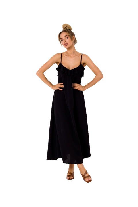 Rochie midi evazata cu bretele subtiri si volane, MOE, Negru