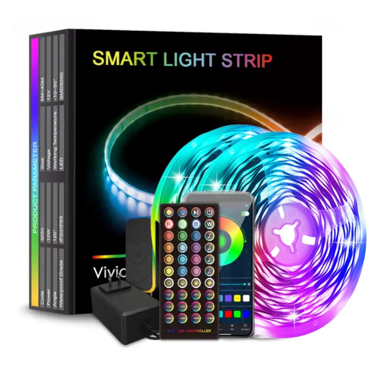 Banda LED Sovel RGB, Control din Aplicatie si Telecomanda cu 40 de Butoane, 60 Leduri/M, Adaptor pentru Priza, Timer, Dublu Adeziva, 5M lungime