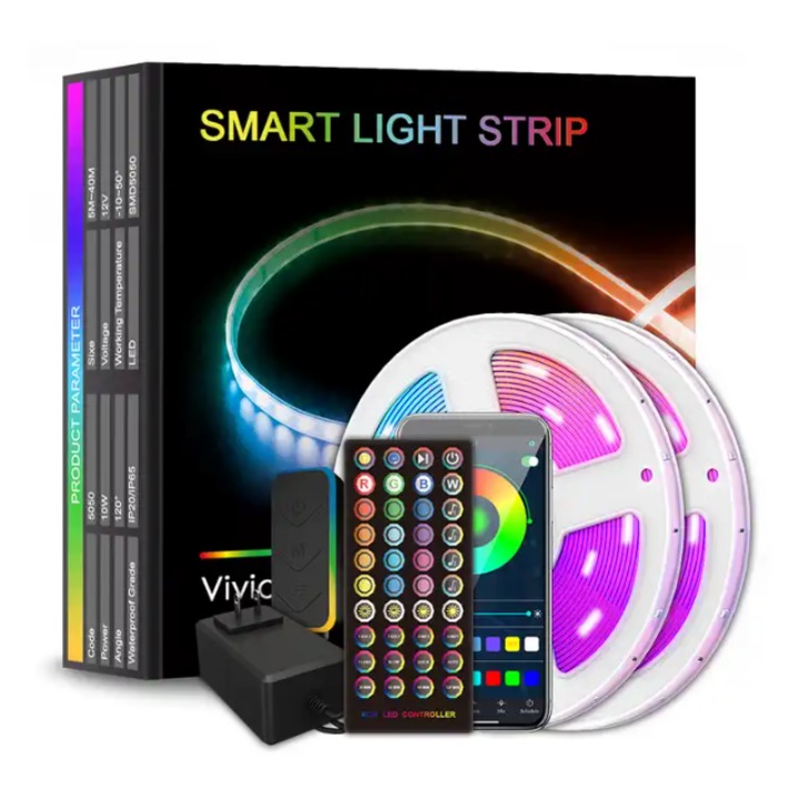 Banda LED Sovel RGB, Control din Aplicatie si Telecomanda cu 40 de Butoane, 60 Leduri/M, cu Adaptor, Timer, Dublu Adeziva, Adaptor de Priza, 10M lungime